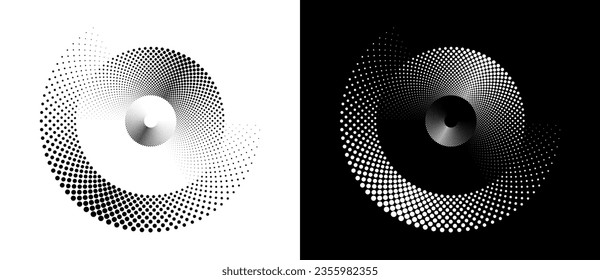 Modern abstract background. Halftone dots in circle form. Round logo. Vector dotted frame. Design element or icon. Black shape on a white background and the same white shape on the black side.