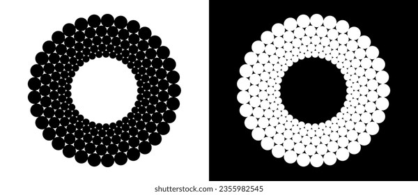 Modern abstract background. Halftone dots in circle form. Round logo. Vector dotted frame. Design element or icon. Black shape on a white background and the same white shape on the black side.