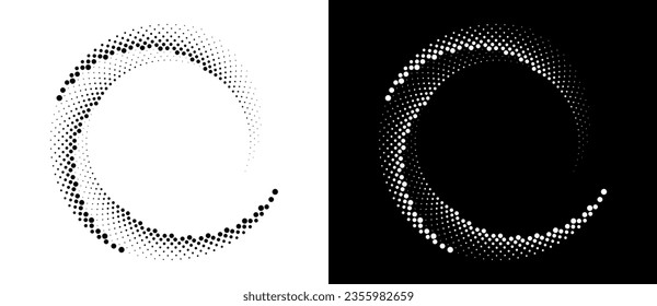 Fondo abstracto moderno. Los puntos de semitono en forma de círculo. Logo redondo. Marco punteado del vector. Elemento o icono de diseño. Forma negra sobre un fondo blanco y la misma forma blanca sobre el lado negro.