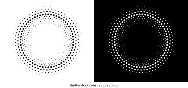 Modern abstract background. Halftone dots in circle form. Round logo. Vector dotted frame. Design element or icon. Black shape on a white background and the same white shape on the black side.