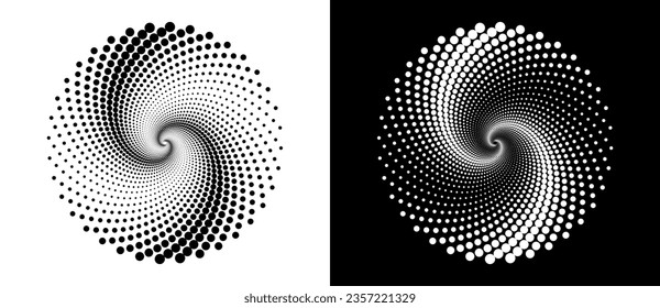 Modern abstract background. Halftone dots in circle form. Round logo. Vector dotted frame. Design element or icon. Black shape on a white background and the same white shape on the black side.