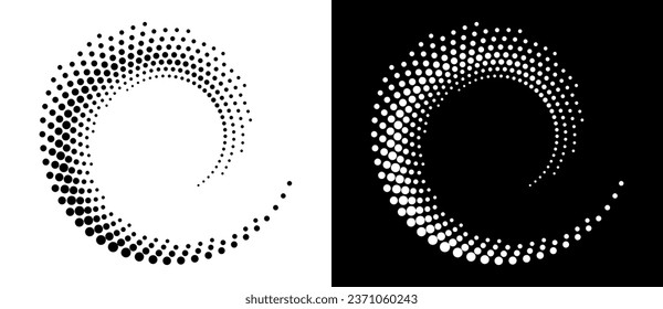 Modern abstract background. Halftone dots in circle form. Round logo. Vector dotted frame. Design element or icon. Black shape on a white background and the same white shape on the black side.