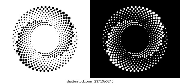Modern abstract background. Halftone dots in circle form. Round logo. Vector dotted frame. Design element or icon. Black shape on a white background and the same white shape on the black side.