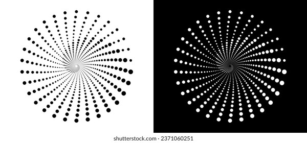 Modern abstract background. Halftone dots in circle form. Round logo. Vector dotted frame. Design element or icon. Black shape on a white background and the same white shape on the black side.