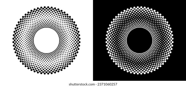 Modern abstract background. Halftone dots in circle form. Round logo. Vector dotted frame. Design element or icon. Black shape on a white background and the same white shape on the black side.