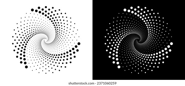 Modern abstract background. Halftone dots in circle form. Round logo. Vector dotted frame. Design element or icon. Black shape on a white background and the same white shape on the black side.