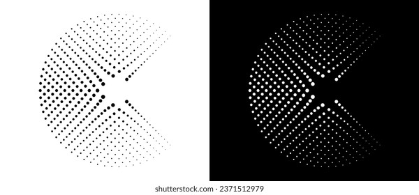 Modern abstract background. Halftone dots in circle form. Round logo. Vector dotted frame. Design element or icon. Black shape on a white background and the same white shape on the black side.