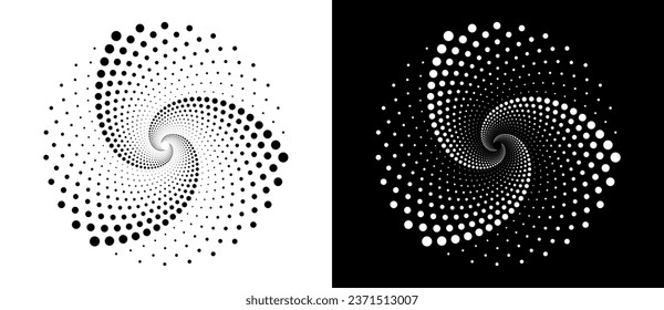 Modern abstract background. Halftone dots in circle form. Round logo. Vector dotted frame. Design element or icon. Black shape on a white background and the same white shape on the black side.
