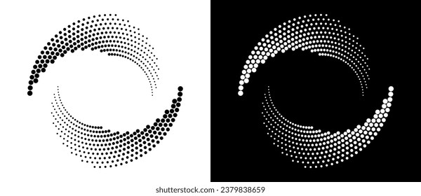 Modern abstract background. Halftone dots in circle form. Round logo. Vector dotted frame. Design element or icon. Black shape on a white background and the same white shape on the black side.