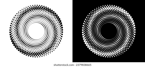 Modern abstract background. Halftone dots in circle form. Round logo. Vector dotted frame. Design element or icon. Black shape on a white background and the same white shape on the black side.
