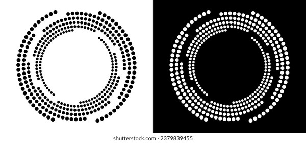 Modern abstract background. Halftone dots in circle form. Round logo. Vector dotted frame. Design element or icon. Black shape on a white background and the same white shape on the black side.