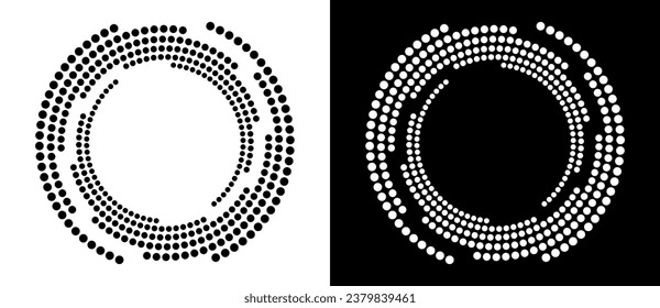 Modern abstract background. Halftone dots in circle form. Round logo. Vector dotted frame. Design element or icon. Black shape on a white background and the same white shape on the black side.
