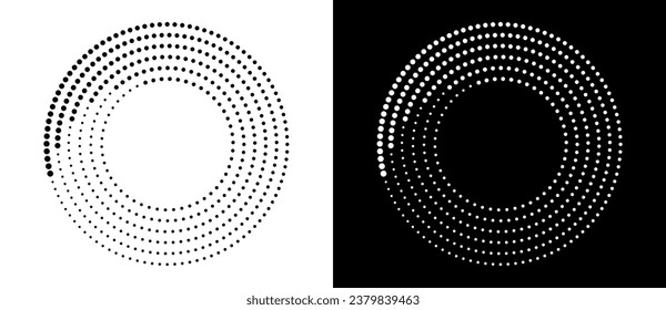 Modern abstract background. Halftone dots in circle form. Round logo. Vector dotted frame. Design element or icon. Black shape on a white background and the same white shape on the black side.