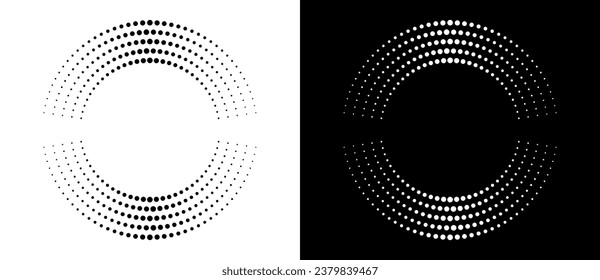 Fondo abstracto moderno. Los puntos de semitono en forma de círculo. Logo redondo. Marco punteado del vector. Elemento o icono de diseño. Forma negra sobre un fondo blanco y la misma forma blanca sobre el lado negro.