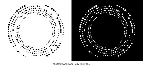 Modern abstract background. Halftone dots in circle form. Round logo. Vector dotted frame. Design element or icon. Black shape on a white background and the same white shape on the black side.