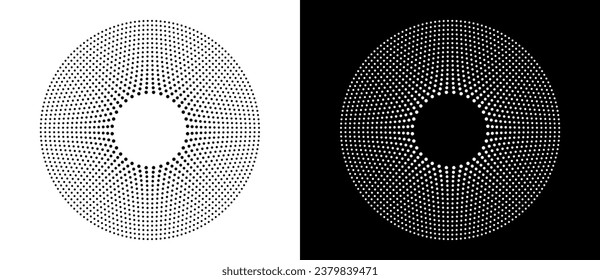 Modern abstract background. Halftone dots in circle form. Round logo. Vector dotted frame. Design element or icon. Black shape on a white background and the same white shape on the black side.