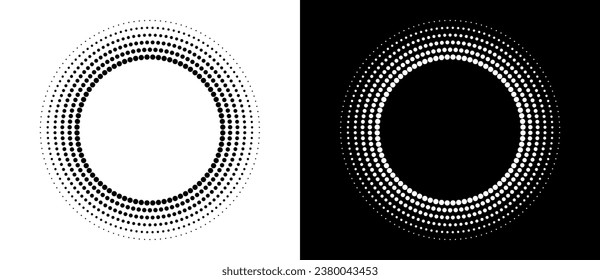Modern abstract background. Halftone dots in circle form. Round logo. Vector dotted frame. Design element or icon. Black shape on a white background and the same white shape on the black side.