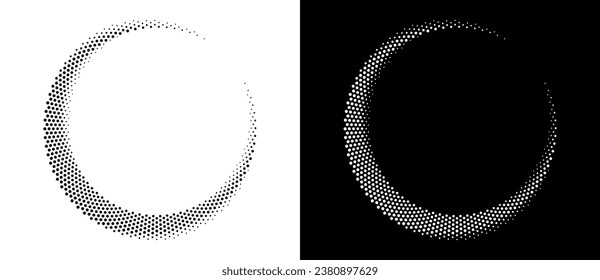 Modern abstract background. Halftone dots in circle form. Round logo. Vector dotted frame. Design element or icon. Black shape on a white background and the same white shape on the black side.