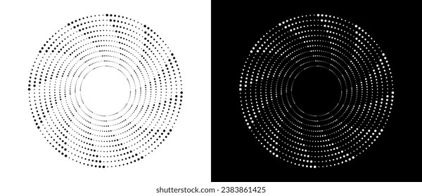 Fondo abstracto moderno. Los puntos de semitono en forma de círculo. Logo redondo, elemento de diseño o icono. Marco punteado del vector. Una figura negra en un fondo blanco y una figura igualmente blanca en el lado negro.