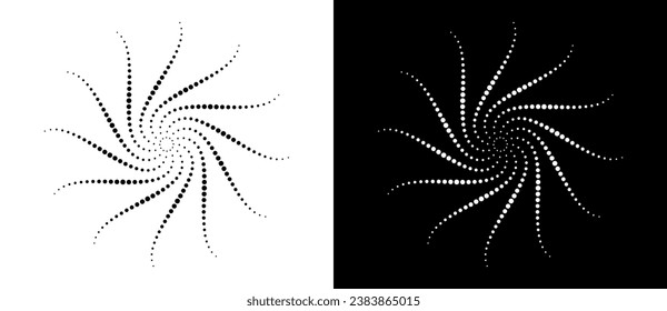 Modern abstract background. Halftone dots in circle form. Round logo, design element or icon. Vector dotted frame. A black figure on a white background and an equally white figure on the black side.