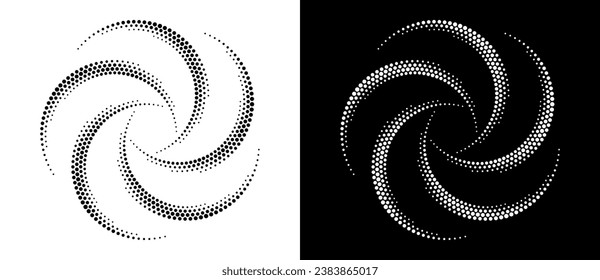 Modern abstract background. Halftone dots in circle form. Round logo, design element or icon. Vector dotted frame. A black figure on a white background and an equally white figure on the black side.