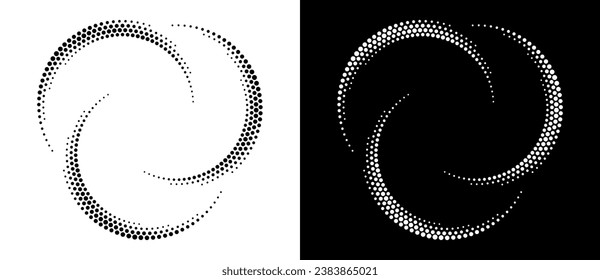 Modern abstract background. Halftone dots in circle form. Round logo, design element or icon. Vector dotted frame. A black figure on a white background and an equally white figure on the black side.