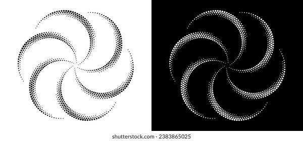 Modern abstract background. Halftone dots in circle form. Round logo, design element or icon. Vector dotted frame. A black figure on a white background and an equally white figure on the black side.