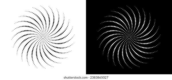 Moderner abstrakter Hintergrund. Halftone Punkte in Kreisform. Runde Logos, Design-Elemente oder Icon. Vektorgepunkteter Rahmen. Eine schwarze Figur auf weißem Hintergrund und eine gleich weiße Figur auf schwarzer Seite.