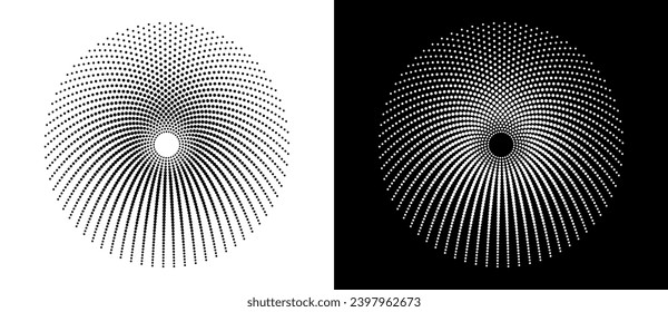 Modern abstract background. Halftone dots in circle form. Round logo. Vector dotted frame. Design element or icon. Black shape on a white background and the same white shape on the black side.