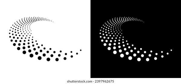 Modern abstract background. Halftone dots in circle form. Round logo. Vector dotted frame. Design element or icon. Black shape on a white background and the same white shape on the black side.