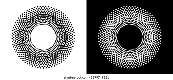 Modern abstract background. Halftone dots in circle form. Round logo. Vector dotted frame. Design element or icon. Black shape on a white background and the same white shape on the black side.