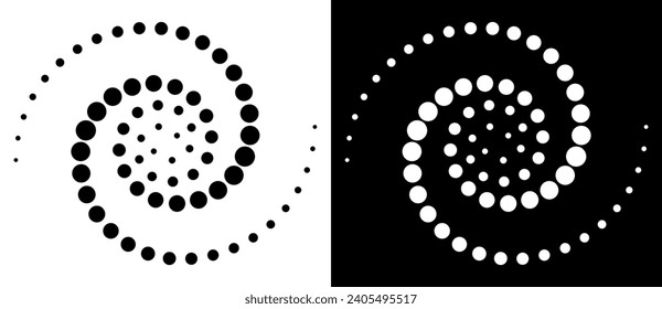 Fondo abstracto moderno. Los puntos de semitono en forma de círculo. Logo redondo, elemento de diseño o icono. Marco punteado del vector. Una figura negra en un fondo blanco y una figura igualmente blanca en el lado negro.