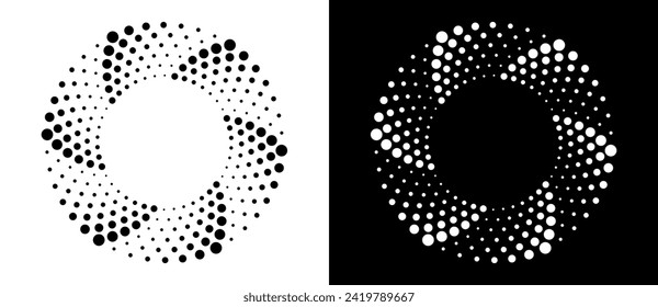Fondo abstracto moderno. Los puntos de semitono en forma de círculo. Logo de espiral, icono o elemento de diseño. Los puntos negros sobre un fondo blanco y los blancos sobre el lado negro.