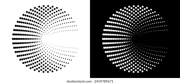 Fondo abstracto moderno. Los puntos de semitono en forma de círculo. Logo de espiral, icono o elemento de diseño. Los puntos negros sobre un fondo blanco y los blancos sobre el lado negro.