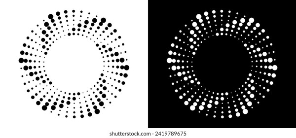 Modern abstract background. Halftone dots in circle form. Spiral logo, icon or design element. Black dots on a white background and white dots on the black side.