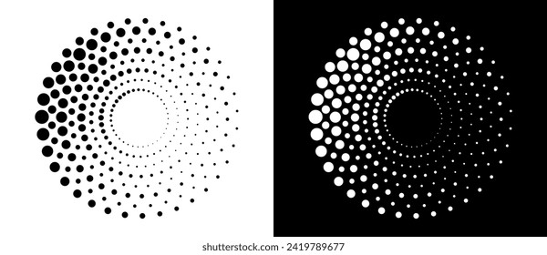 Modern abstract background. Halftone dots in circle form. Spiral logo, icon or design element. Black dots on a white background and white dots on the black side.