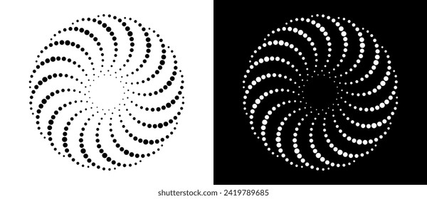 Modern abstract background. Halftone dots in circle form. Spiral logo, icon or design element. Black dots on a white background and white dots on the black side.