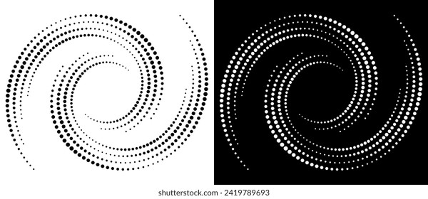 Modern abstract background. Halftone dots in circle form. Spiral logo, icon or design element. Black dots on a white background and white dots on the black side.