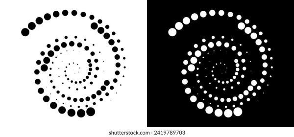 Modern abstract background. Halftone dots in circle form. Spiral logo, icon or design element. Black dots on a white background and white dots on the black side.