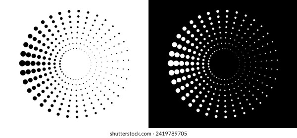 Modern abstract background. Halftone dots in circle form. Spiral logo, icon or design element. Black dots on a white background and white dots on the black side.