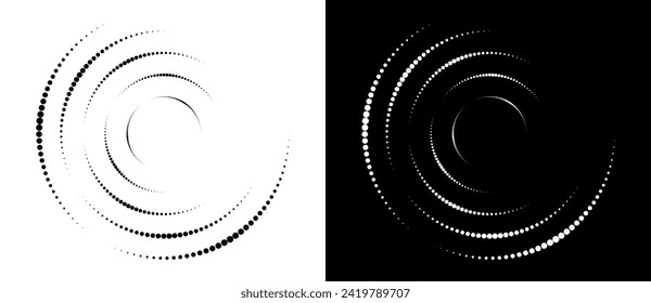 Moderner abstrakter Hintergrund. Halftone Punkte in Kreisform. Spirallogo, Symbol oder Design-Element. Schwarze Punkte auf weißem Hintergrund und weiße Punkte auf schwarzer Seite.