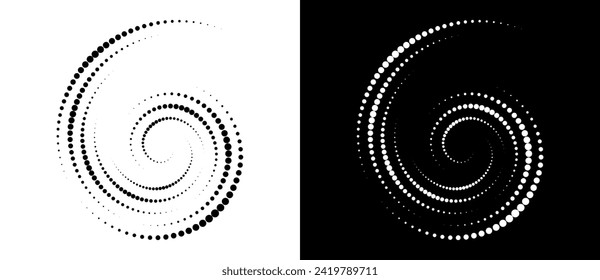 Fondo abstracto moderno. Los puntos de semitono en forma de círculo. Logo de espiral, icono o elemento de diseño. Los puntos negros sobre un fondo blanco y los blancos sobre el lado negro.