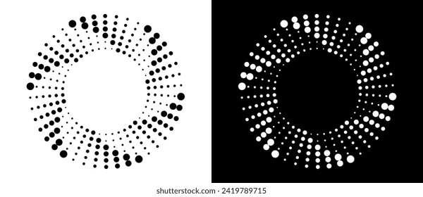 Modern abstract background. Halftone dots in circle form. Spiral logo, icon or design element. Black dots on a white background and white dots on the black side.