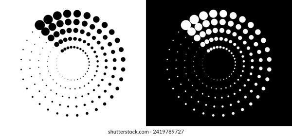 Modern abstract background. Halftone dots in circle form. Spiral logo, icon or design element. Black dots on a white background and white dots on the black side.