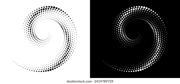 Modern abstract background. Halftone dots in circle form. Spiral logo, icon or design element. Black dots on a white background and white dots on the black side.