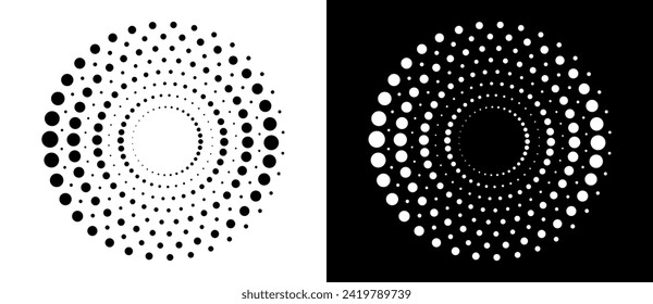 Modern abstract background. Halftone dots in circle form. Spiral logo, icon or design element. Black dots on a white background and white dots on the black side.