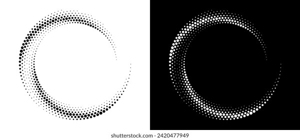 Modern abstract background. Halftone dots in circle form. Letter C like logo, icon or design element. Black dots on a white background and white dots on the black side.