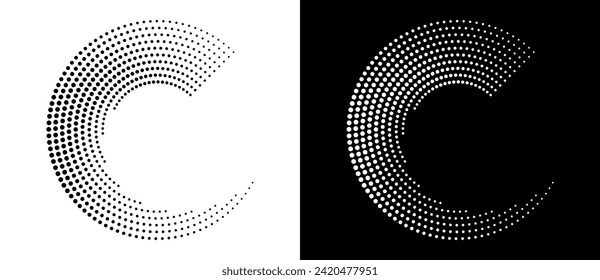Modern abstract background. Halftone dots in circle form. Letter C like logo, icon or design element. Black dots on a white background and white dots on the black side.