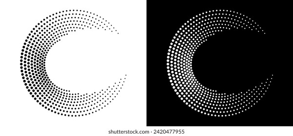 Modern abstract background. Halftone dots in circle form. Letter C like logo, icon or design element. Black dots on a white background and white dots on the black side.