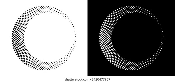 Modern abstract background. Halftone dots in circle form. Letter C like logo, icon or design element. Black dots on a white background and white dots on the black side.